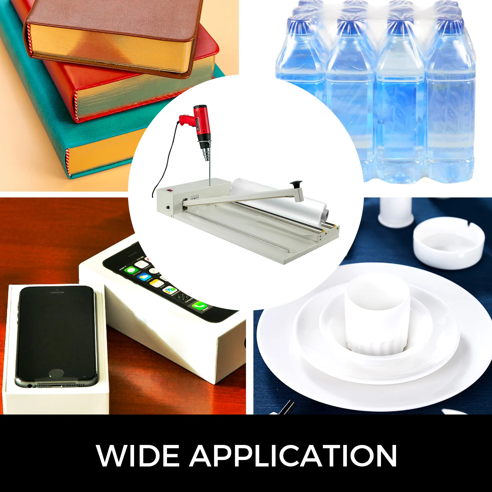 Máquina de envoltura retráctil VEVOR para libros, agua embotellada, productos electrónicos y vajilla. Amplia aplicación.