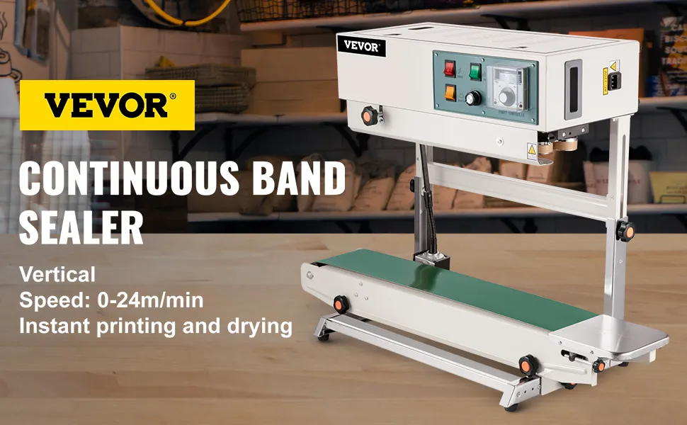 Selladora de banda continua VEVOR con orientación vertical y controles de velocidad mostrados.
