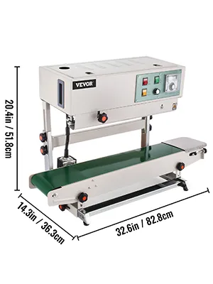 Selladora de banda continua VEVOR con transportador ajustable, panel de control y dimensiones mostradas.