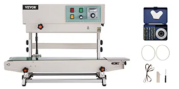 Selladora de banda continua VEVOR con herramientas y accesorios sobre un fondo blanco.