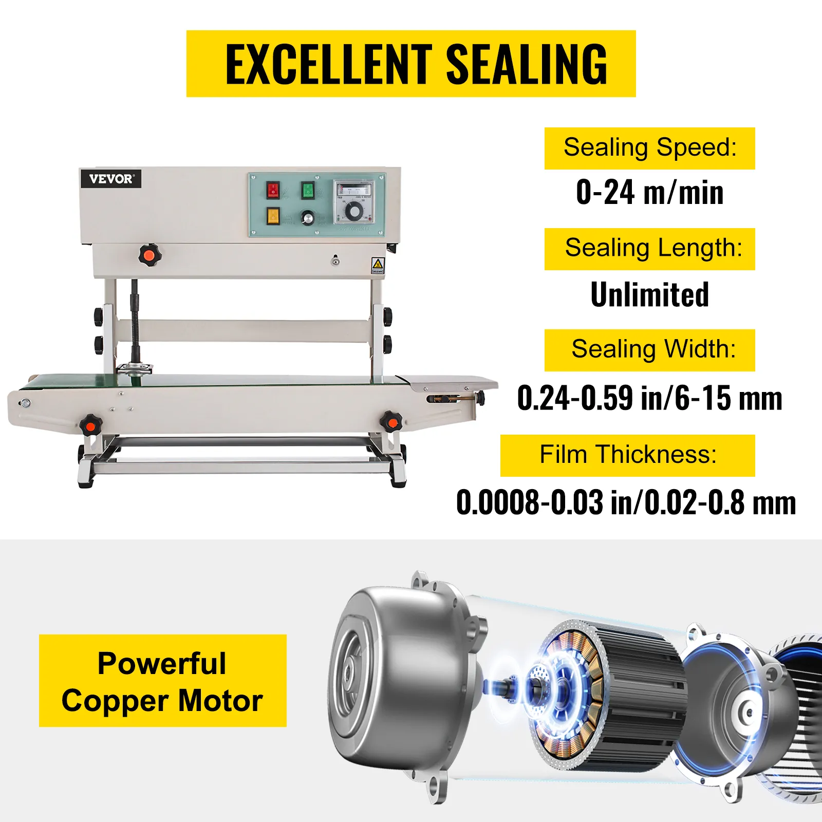 Selladora de banda continua VEVOR con potente motor de cobre, velocidad de sellado de 0-24 m/min.