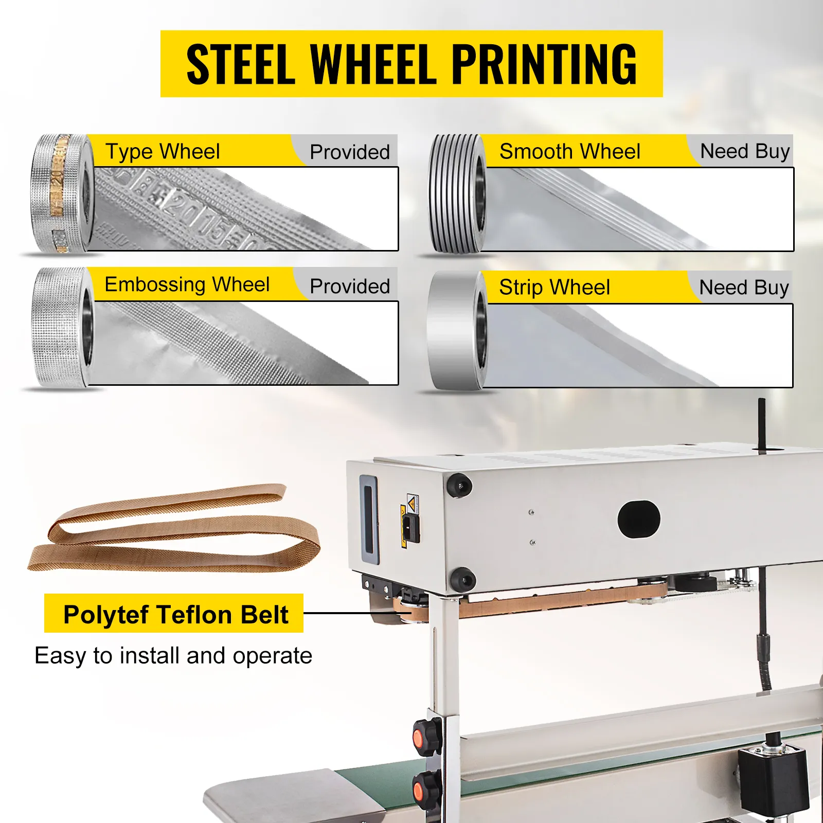 Selladora de banda continua VEVOR con tipo, suave, gofrado, ruedas de tira y correa de teflón.