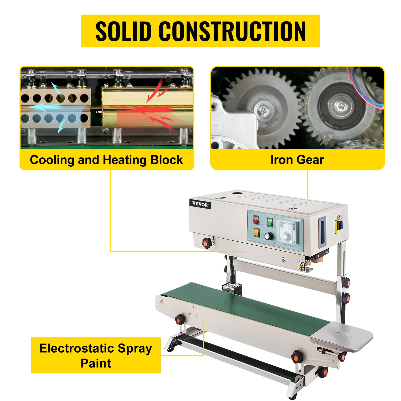 Selladora de banda continua VEVOR con bloque de enfriamiento, bloque de calentamiento y engranaje de hierro.