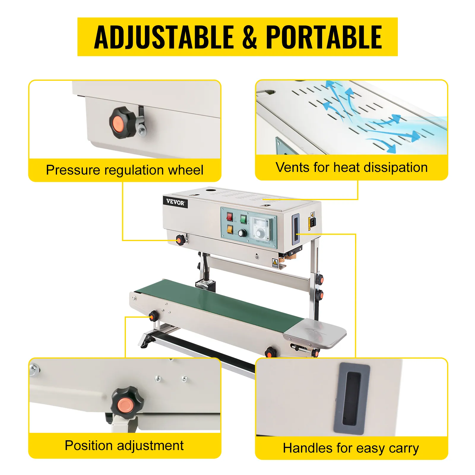 Selladora de banda continua VEVOR, rueda ajustable, ventilaciones para calor, ajuste de posición, manija.
