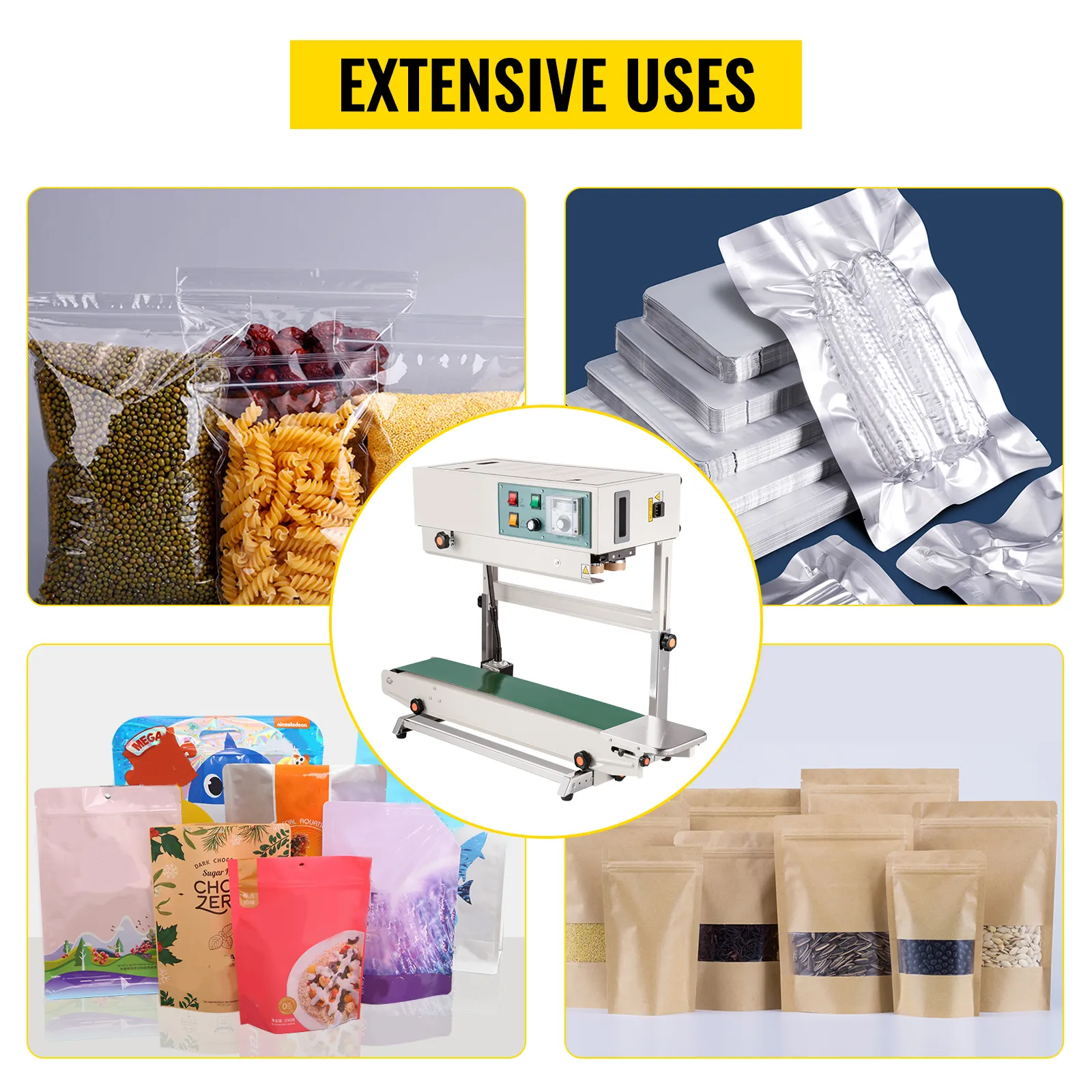 Selladora de banda continua VEVOR para envasar alimentos, granos y productos de aluminio sellados.