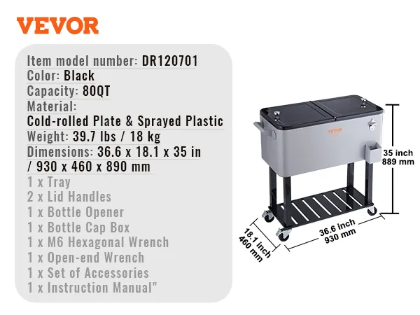 VEVOR rolling ice chest cooler, black, 80qt, with tray, bottle opener, and cap box. dimensions: 36.6x18.1x35 in.