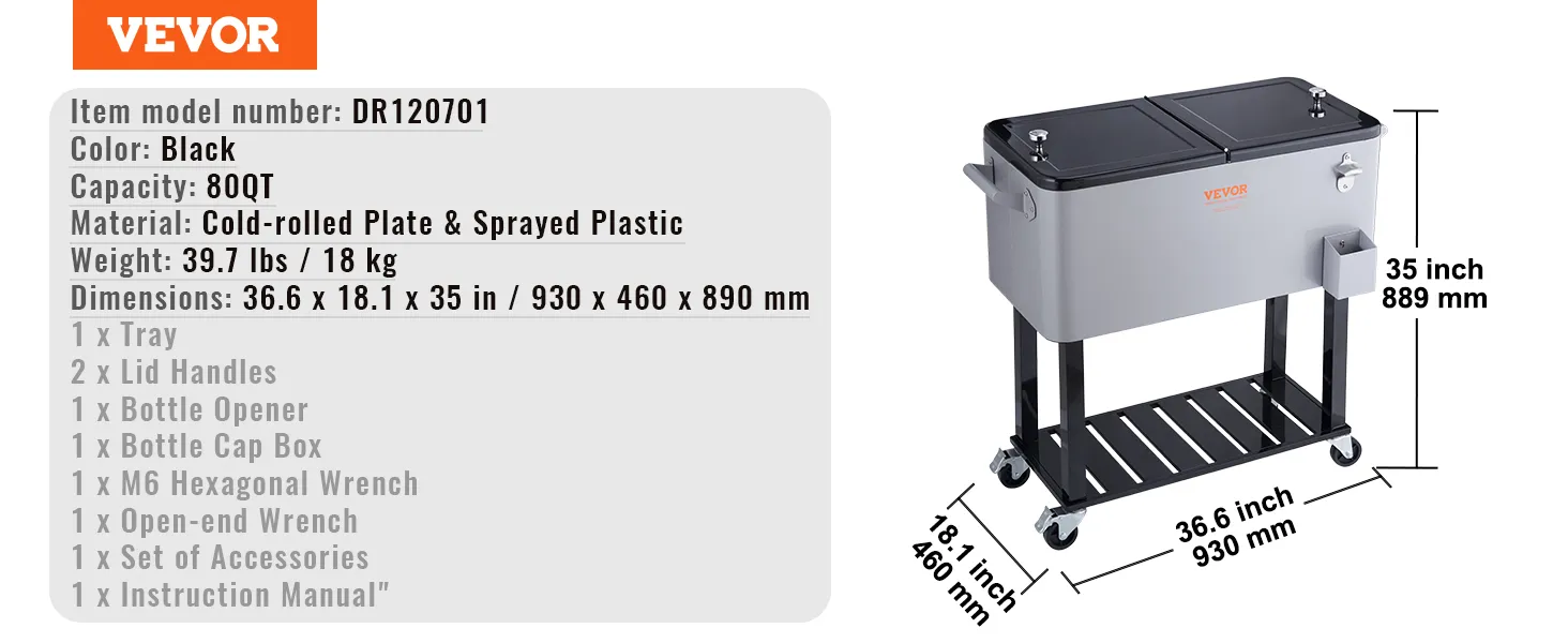 VEVOR rolling ice chest cooler, black, 80qt, with tray, bottle opener, and cap box. dimensions: 36.6x18.1x35 in.