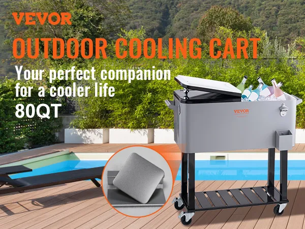 VEVOR rolling ice chest cooler by the poolside, with sun loungers and green foliage in the background.