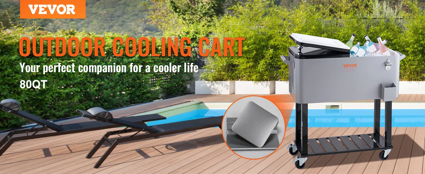 VEVOR rolling ice chest cooler by the poolside, with sun loungers and green foliage in the background.