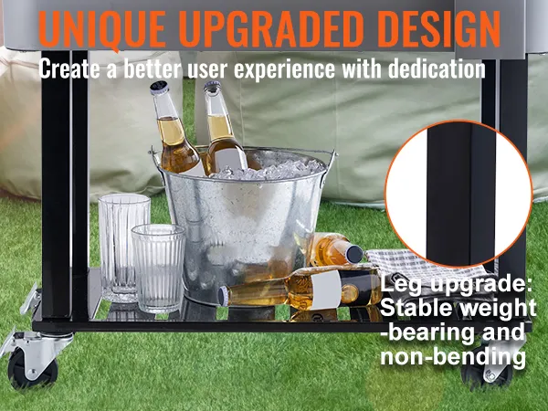 VEVOR rolling ice chest cooler with a reinforced leg design, metal bucket, ice, and beverages on grass.