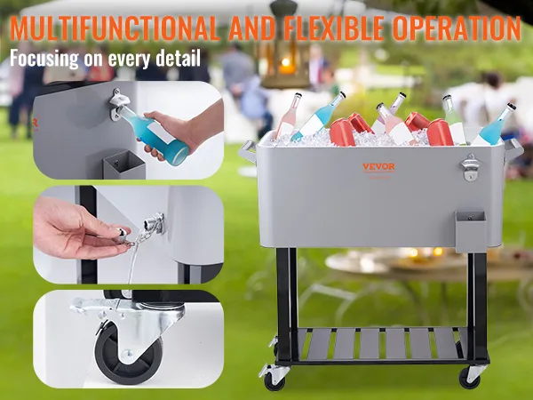 VEVOR rolling ice chest cooler with bottle opener, drain plug, and locking casters, outdoor event setup.