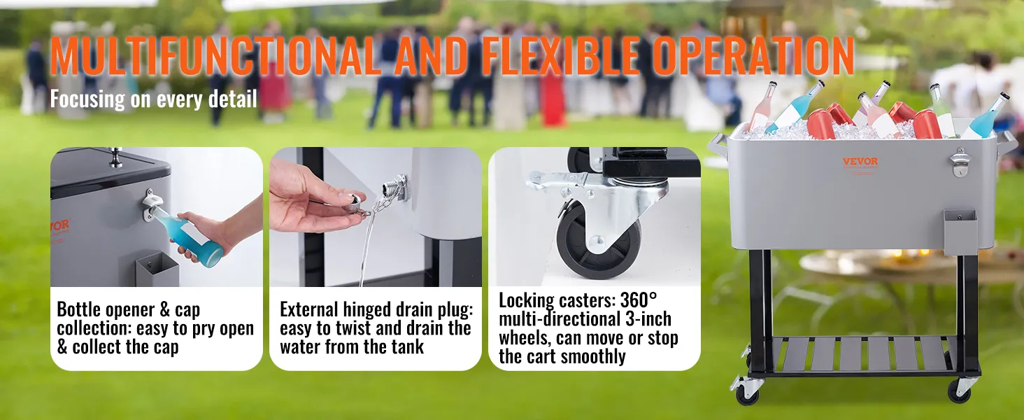 VEVOR rolling ice chest cooler with bottle opener, drain plug, and locking casters, outdoor event setup.