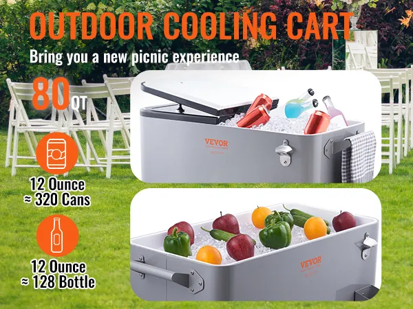 outdoor cooling cart 80qt VEVOR rolling ice chest cooler filled with drinks and fruits, ideal for picnics.