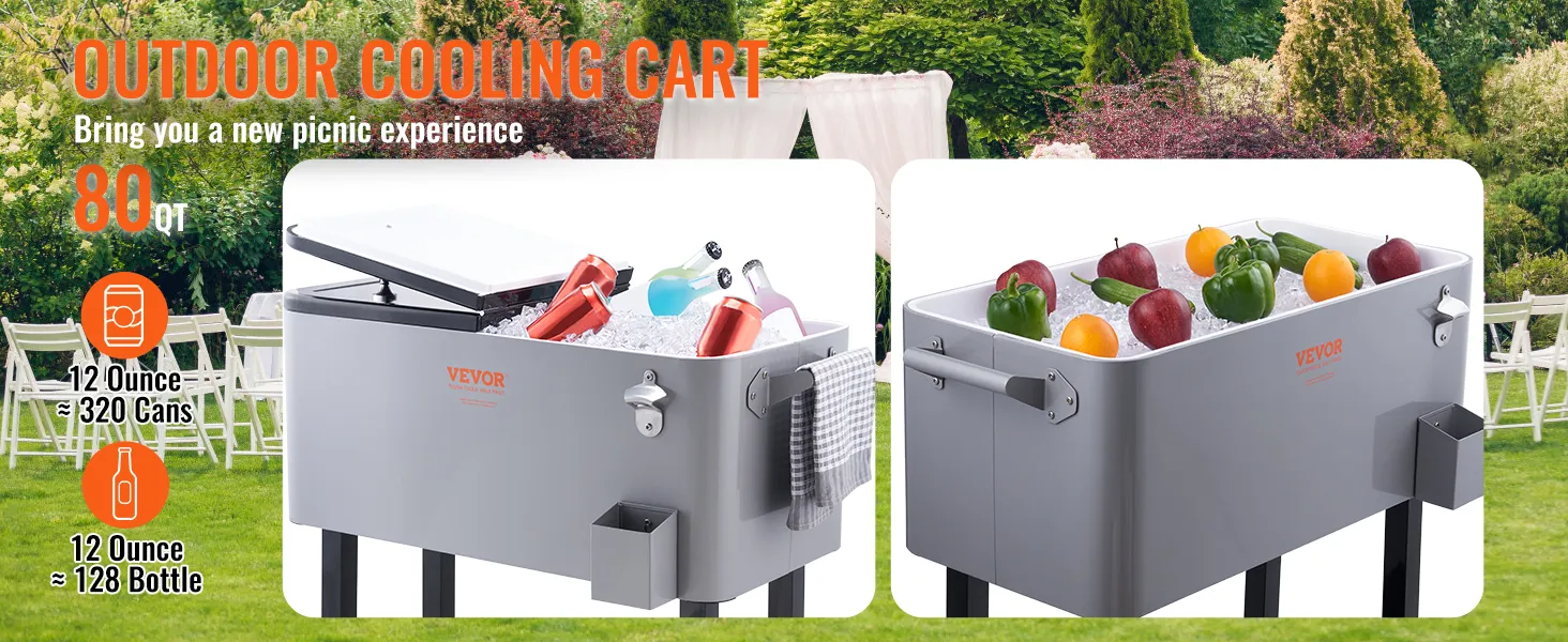 outdoor cooling cart 80qt VEVOR rolling ice chest cooler filled with drinks and fruits, ideal for picnics.