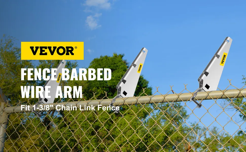 VEVOR barbed wire arm on a chain link fence with a blue sky and greenery in the background.