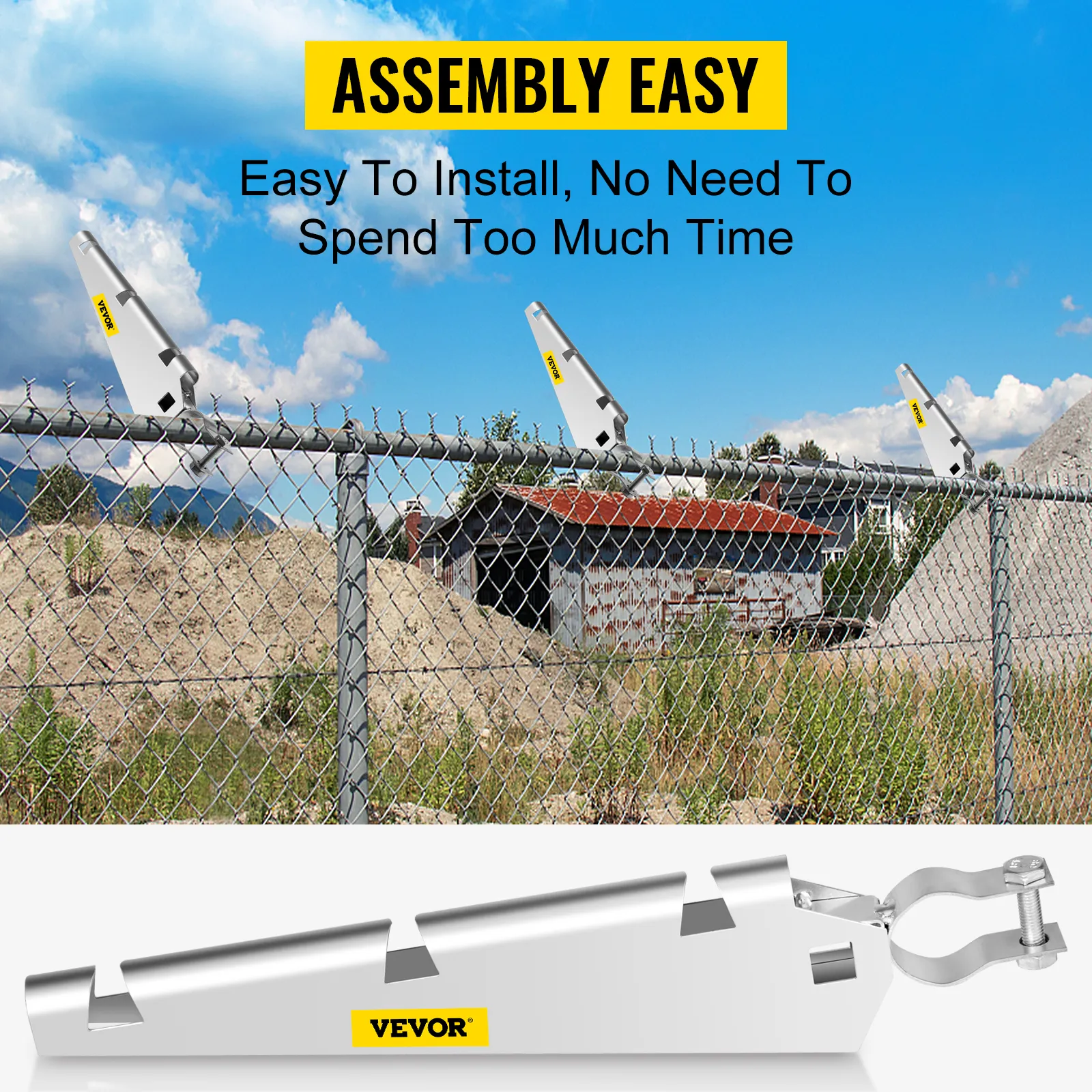 VEVOR barbed wire arm for easy fence assembly, displaying installation steps.