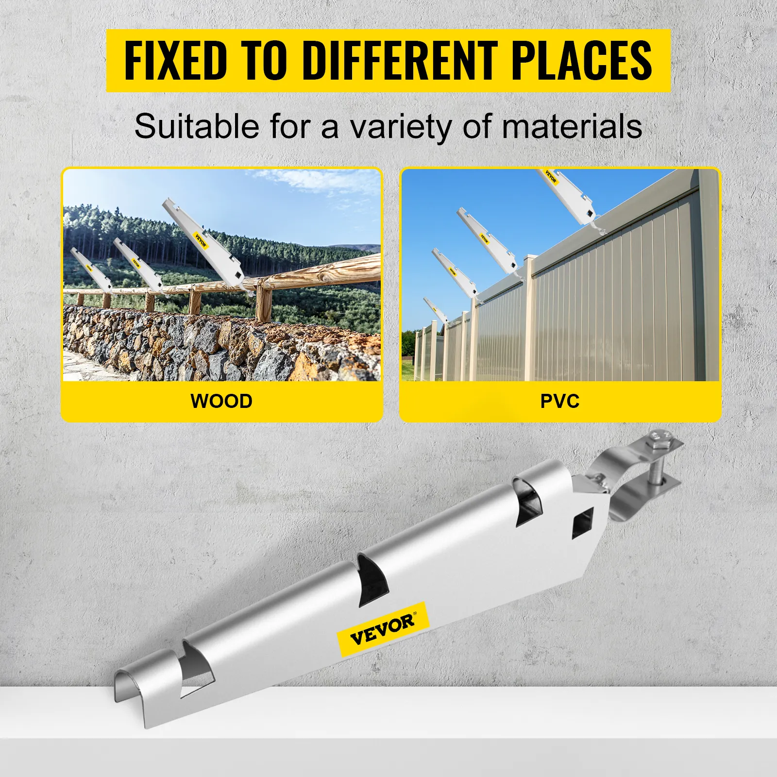 VEVOR barbed wire arm fixed to wood and pvc fences for varied material adaptability.