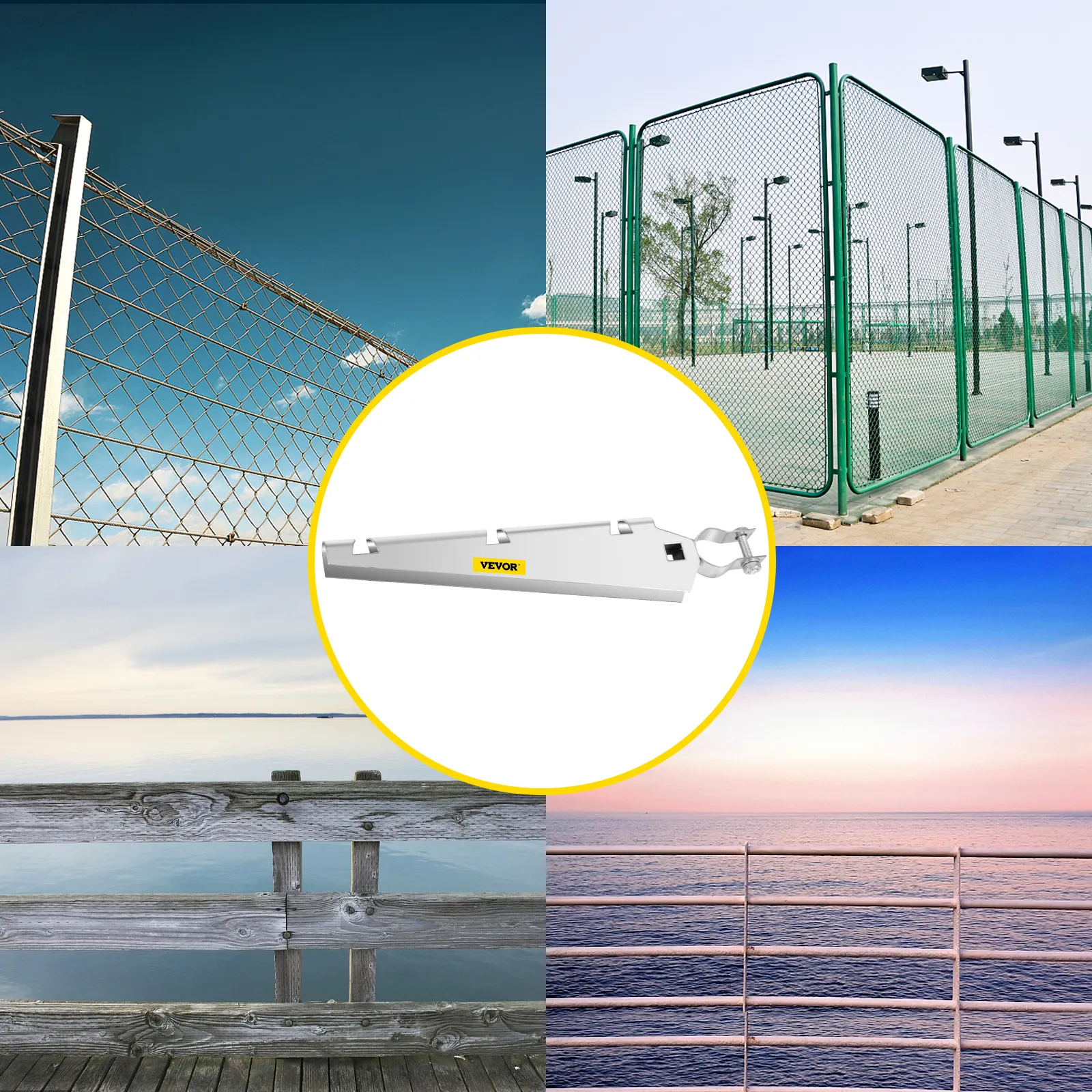 VEVOR barbed wire arm for chain-link fence with outdoor scenes in the background.
