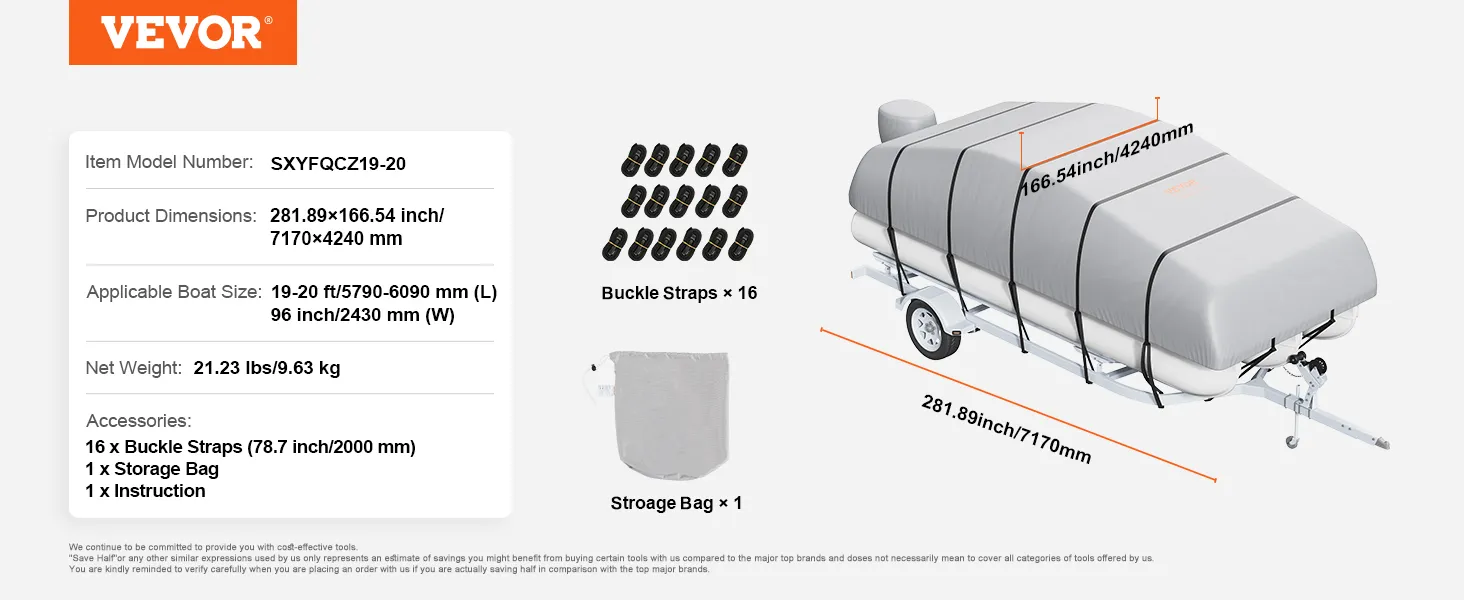 VEVOR pontoon boat cover with 16 buckle straps, storage bag, fits 19-20 ft boats, model sxyfqcz19-20.