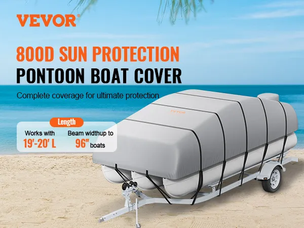 VEVOR-Pontonboot-Abdeckung bietet 800d Sonnenschutz auf einem Anhänger an einem Strand mit blauem Himmel im Hintergrund.