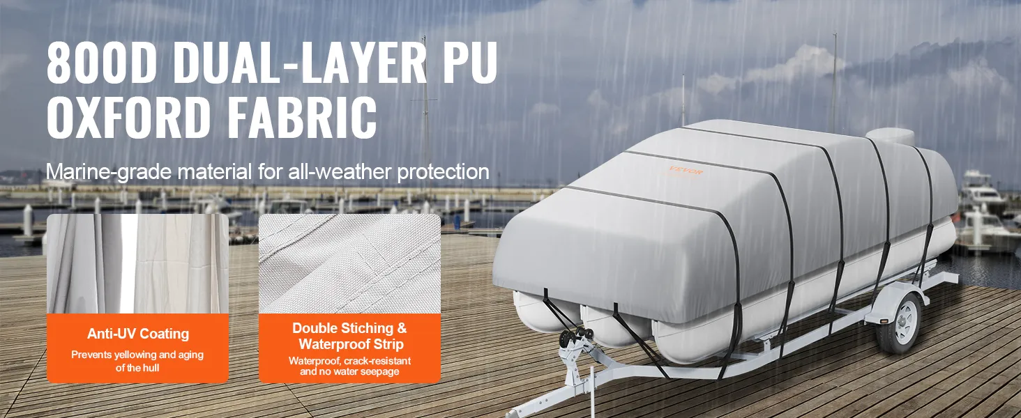 VEVOR pontoon boat cover with 800d dual-layer pu oxford fabric, anti-uv coating, and waterproof strip.