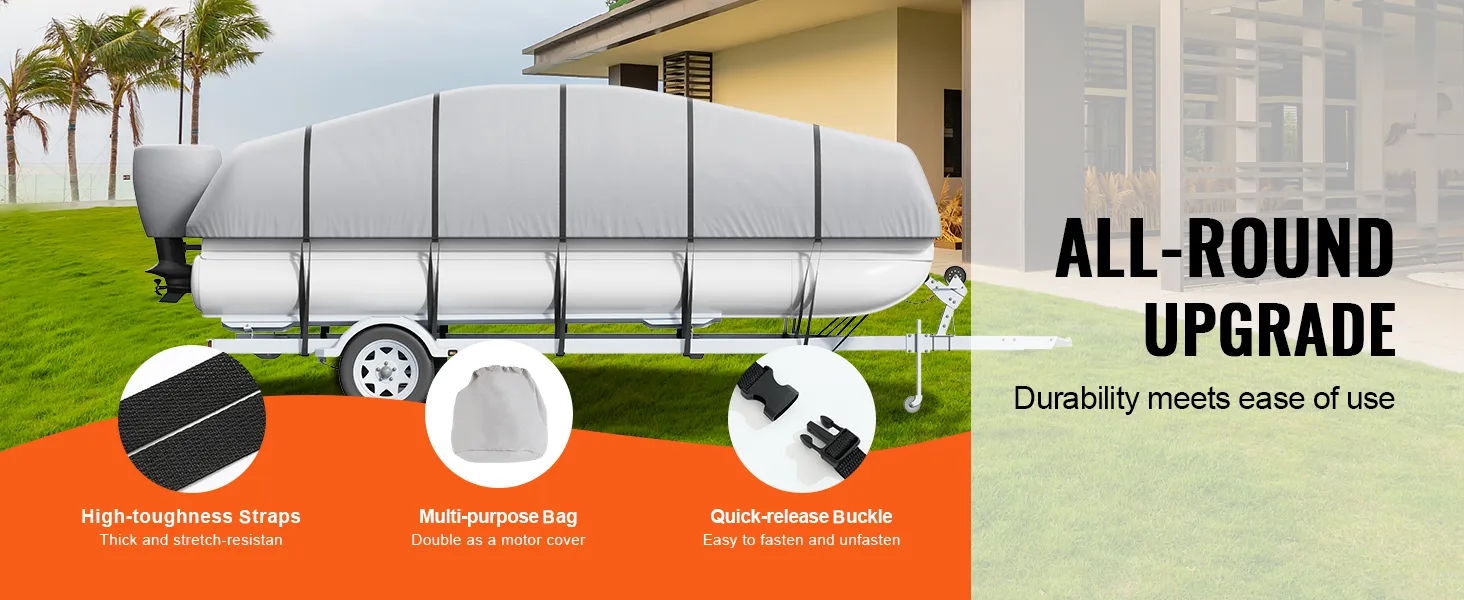 VEVOR pontoon boat cover with high-toughness straps, a multi-purpose bag, and quick-release buckle.