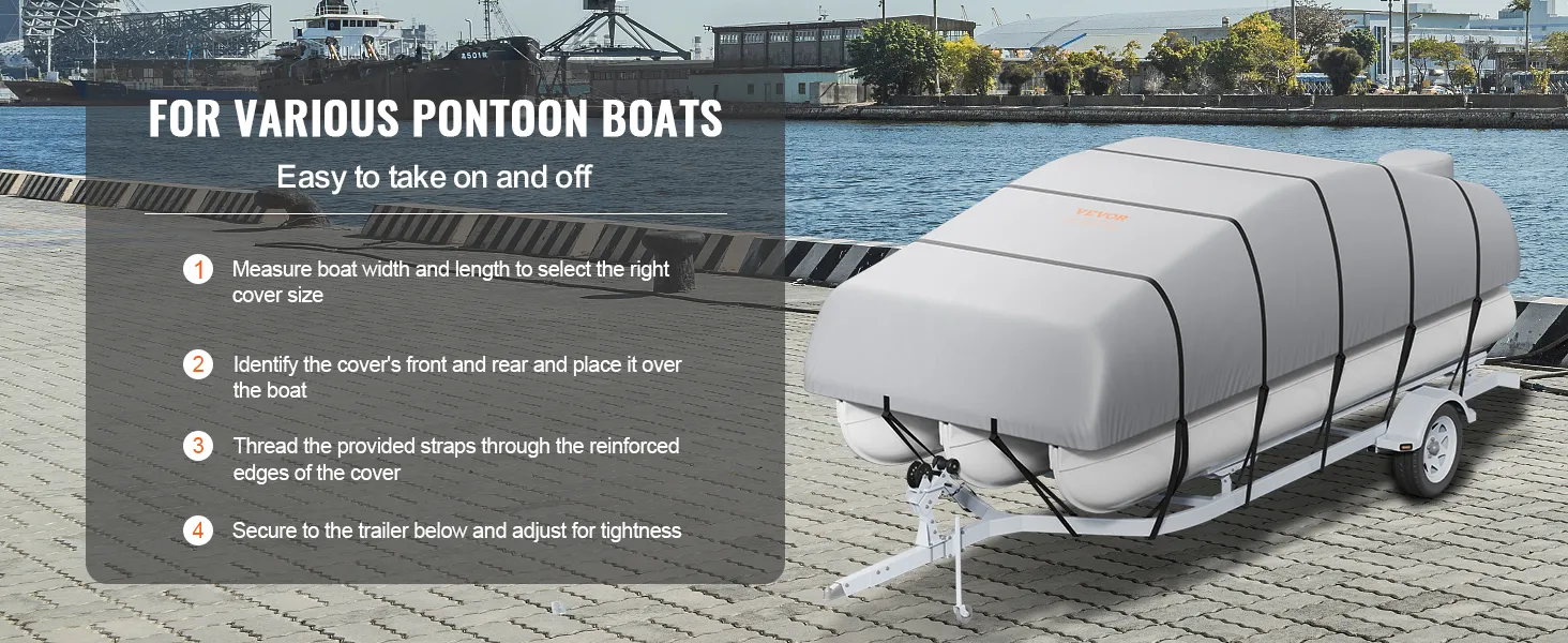 VEVOR pontoon boat cover secured on a trailer by water, with installation steps displayed.