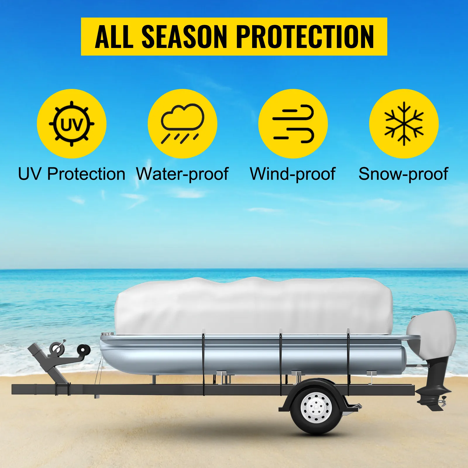 Funda para pontón VEVOR en remolque en la playa, aspectos destacados: protección contra rayos UV, agua, viento y nieve.