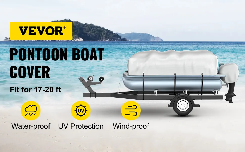 VEVOR pontoon boat cover, waterproof, uv protection, wind-proof, fits 17-20 ft boats, beach background.