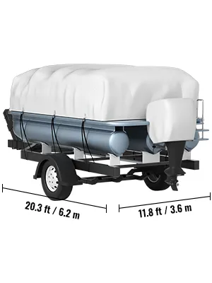 VEVOR pontoon boat cover on trailer, dimensions 20.3 ft / 6.2 m and 11.8 ft / 3.6 m.