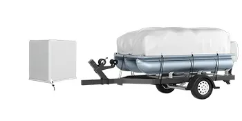 pontoon boat on a trailer with a VEVOR pontoon boat cover and a separate white storage box.