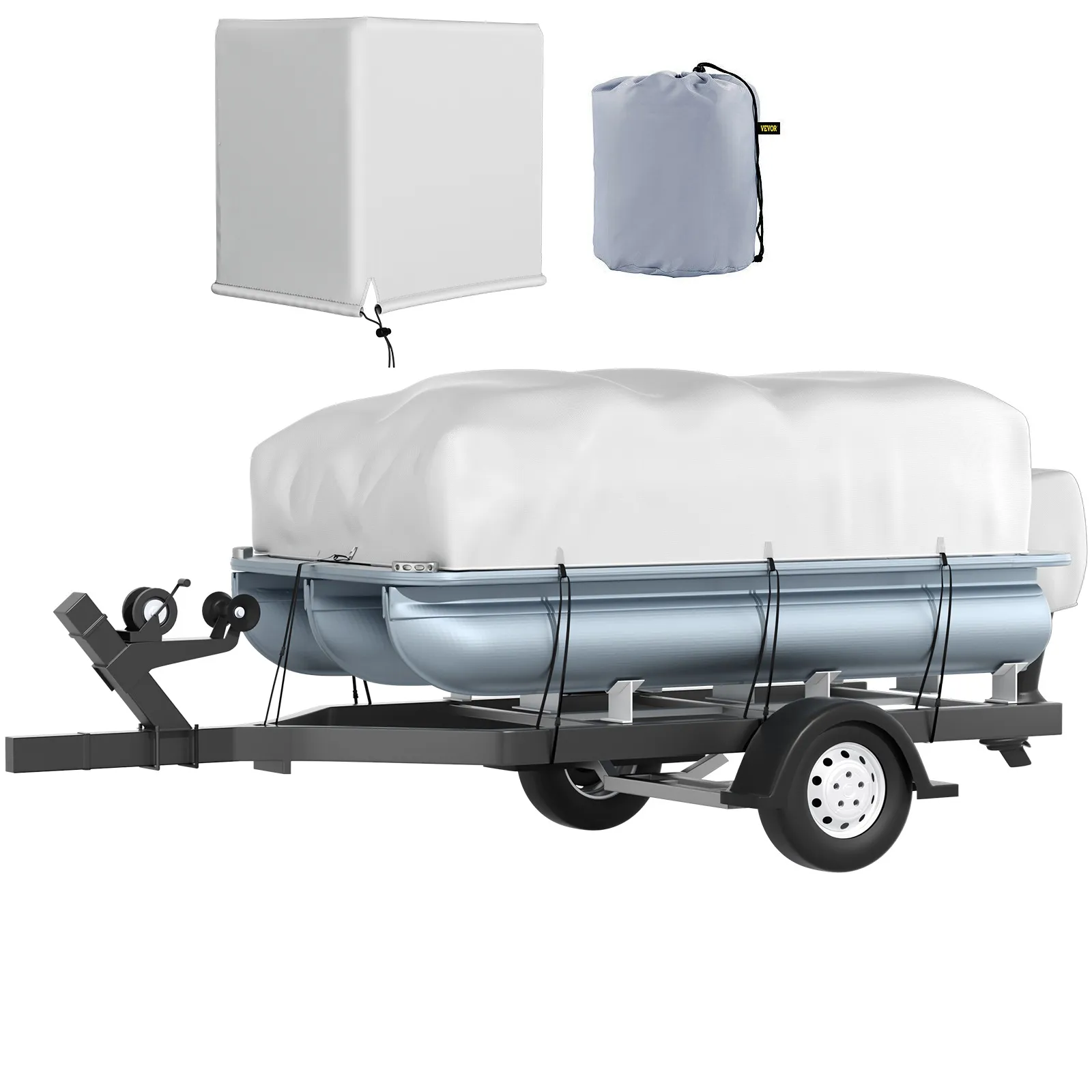 VEVOR pontoon boat cover on a trailer with storage bag and protective cover displayed above.