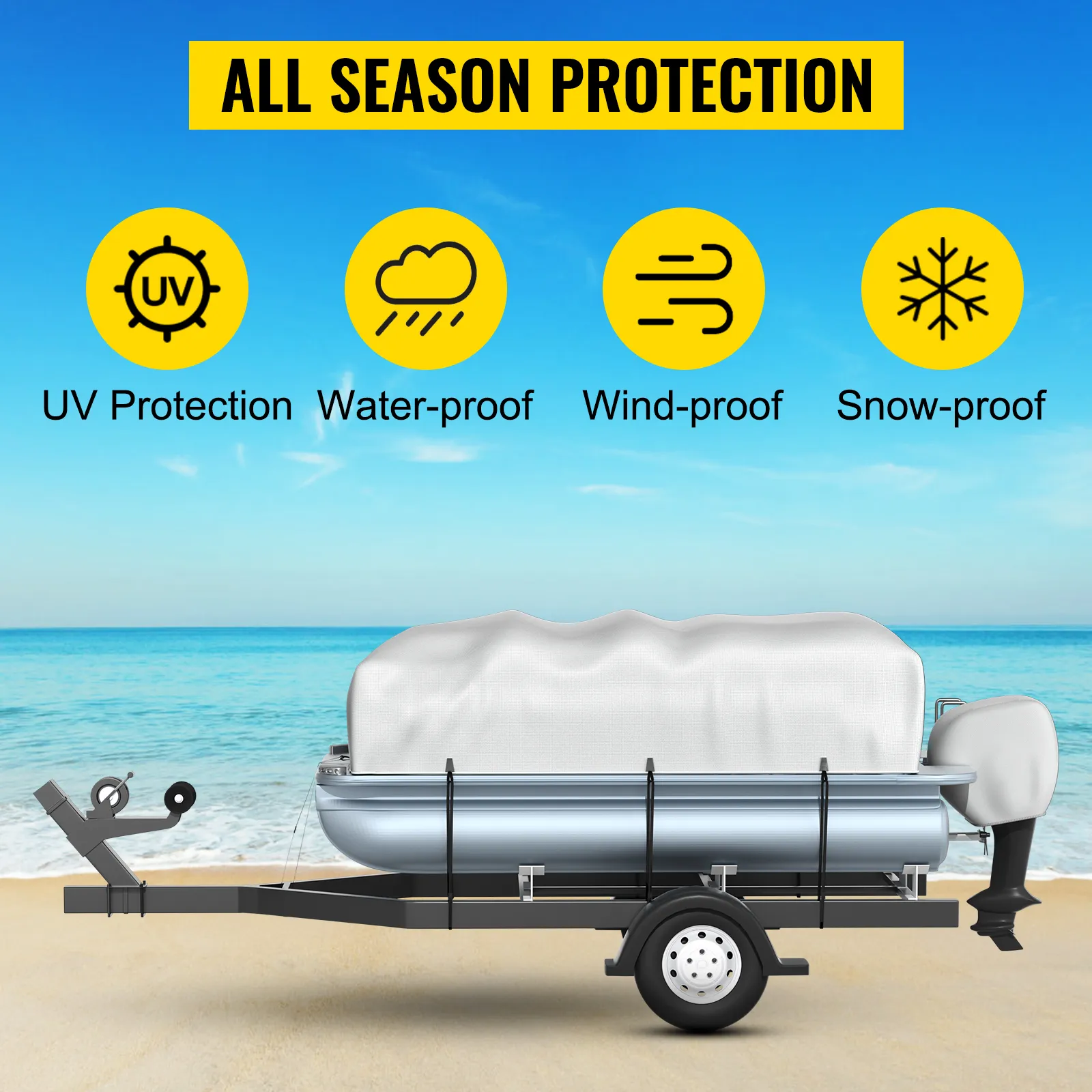 VEVOR pontoon boat cover with all-season protection against uv, water, wind, and snow on a beach.