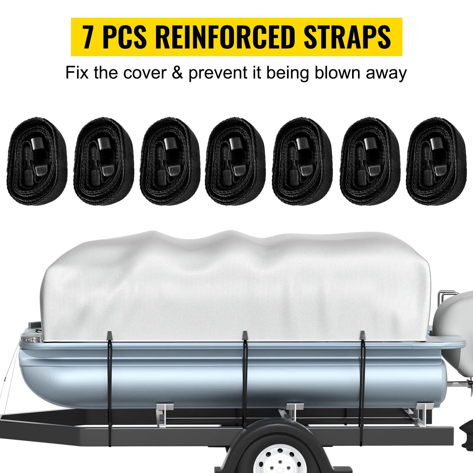 VEVOR pontoon boat cover with 7 pcs reinforced straps to secure and protect the boat from wind.