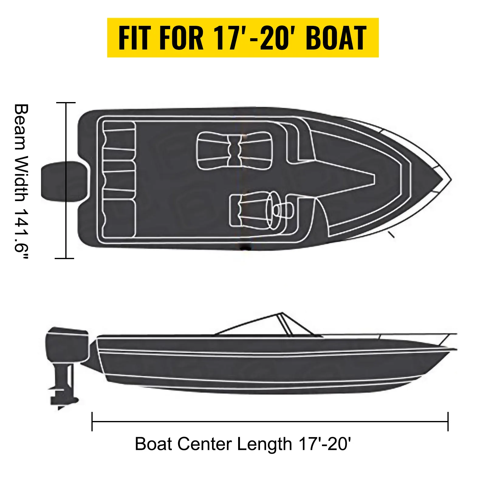 VEVOR pontoon boat cover for 17'-20' boats, beam width 141.6", featuring detailed top and side views.