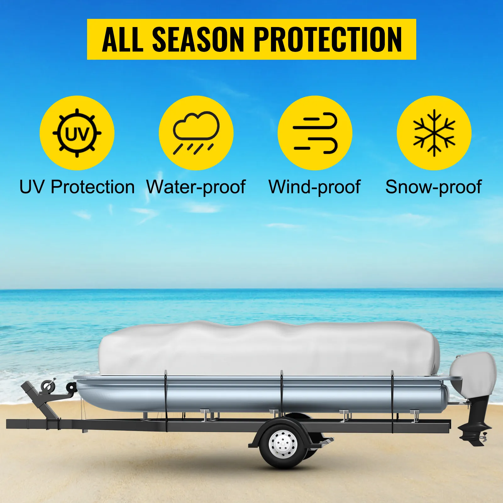 VEVOR pontonbootkap op aanhanger met pictogrammen die bescherming tegen uv-straling, water, wind en sneeuw op het strand tonen.