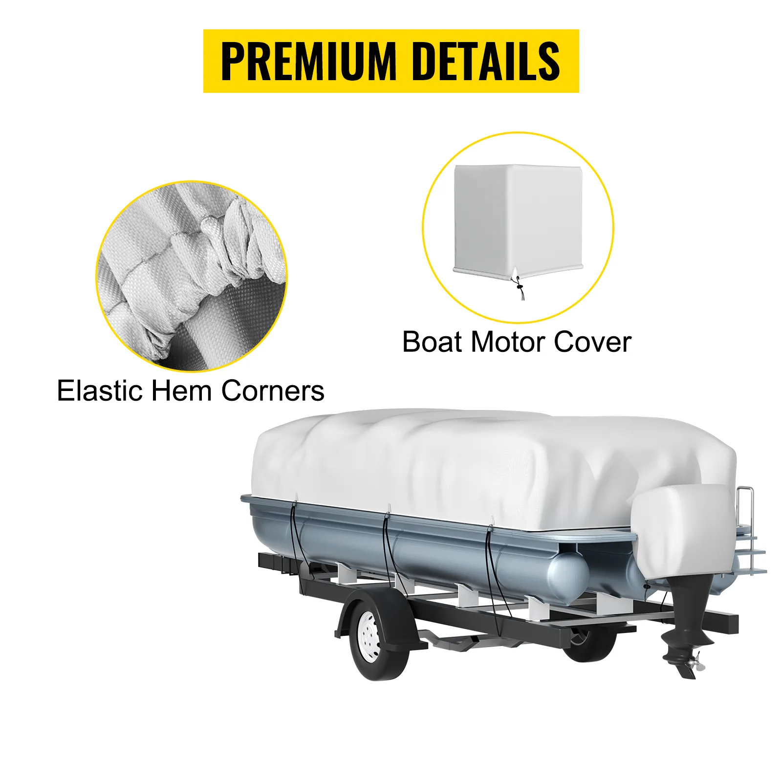 VEVOR pontonboothoes met elastische hoeken en bootmotorhoes voor veilige bevestiging op de trailer.