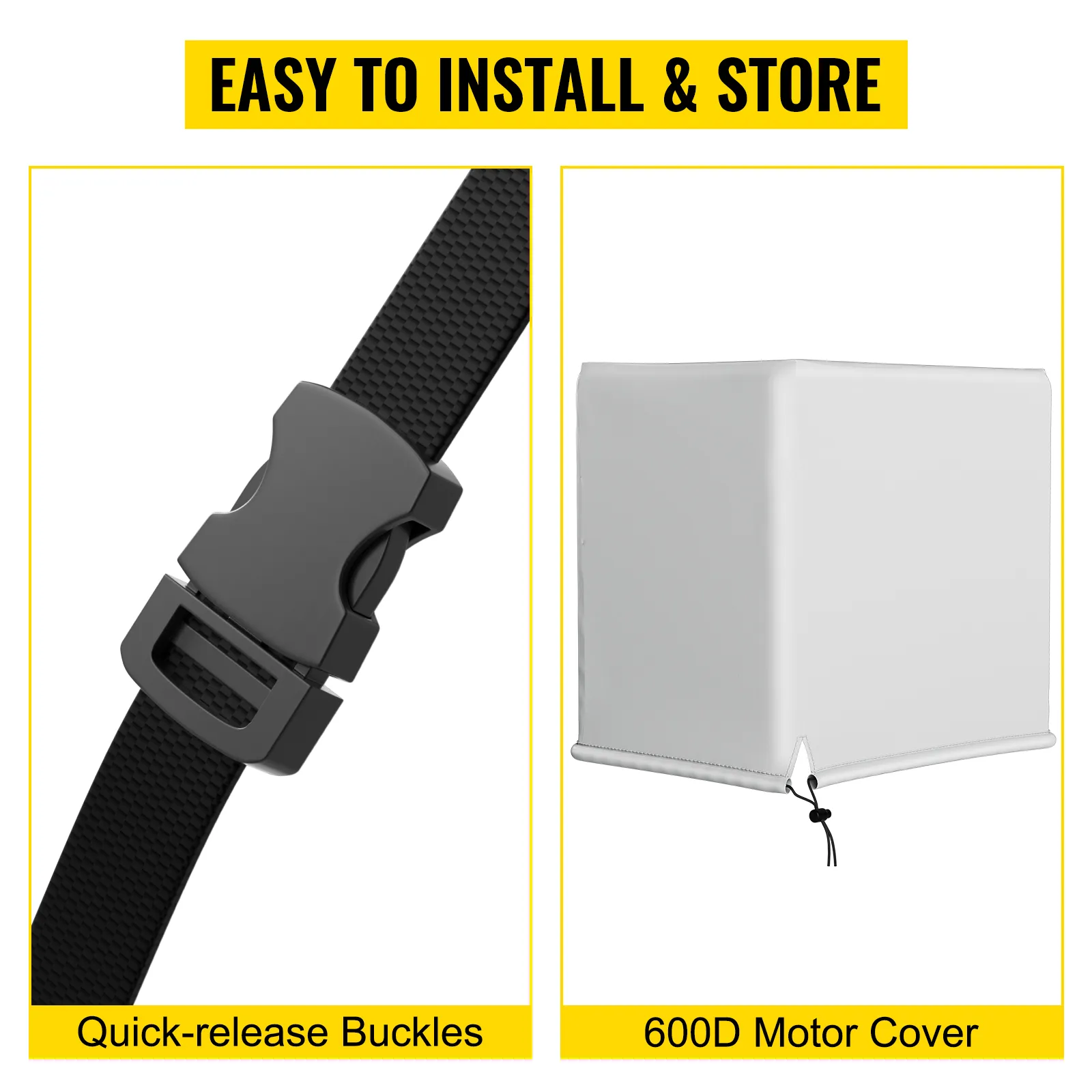 VEVOR pontonboothoes met snelsluitingen en 600d motorhoes voor eenvoudige installatie en opslag.