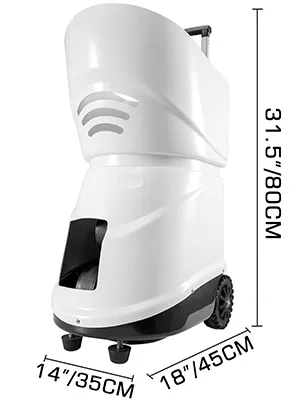 weiße tragbare Tennisballmaschine von VEVOR mit Rädern und Griff, 31,5 Zoll hoch, Basis 14 x 18 Zoll.