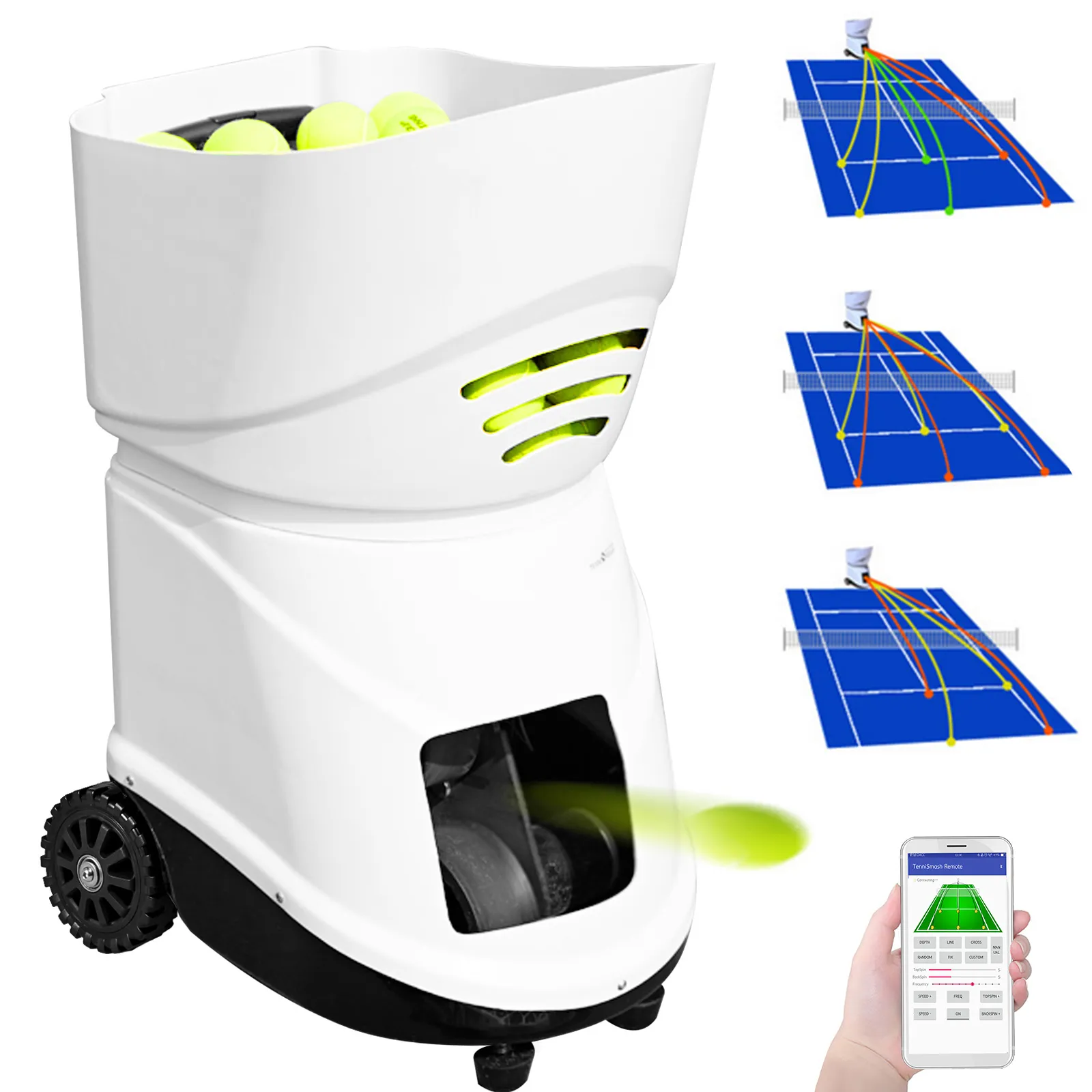Tragbare Tennisballmaschine von VEVOR mit App-Steuerung und Court-Drill-Diagrammen.