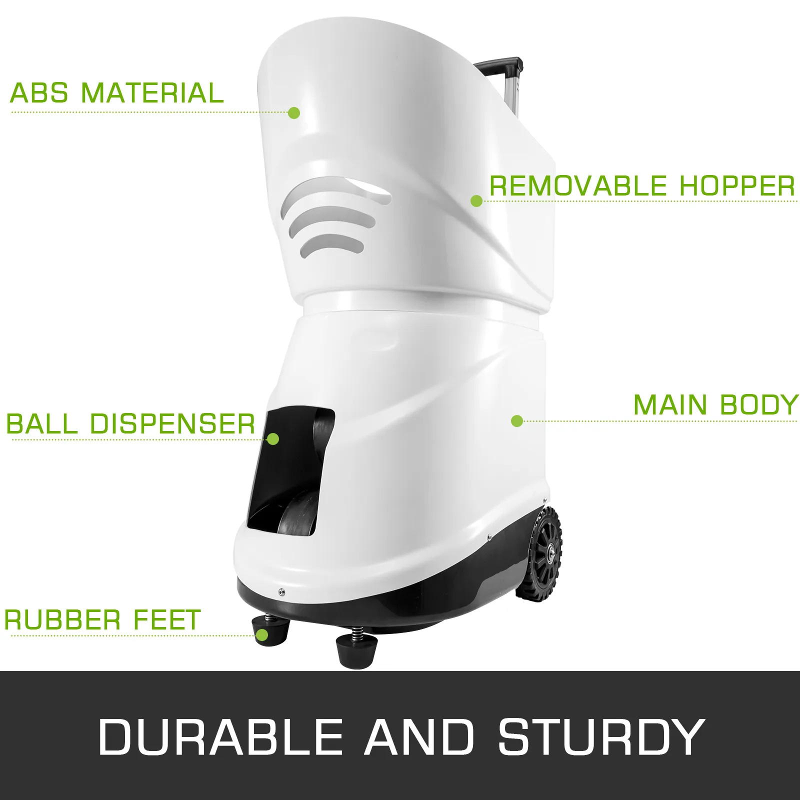 Tragbare Tennisballmaschine von VEVOR mit abnehmbarem Trichter, Ballspender und Gummifüßen.