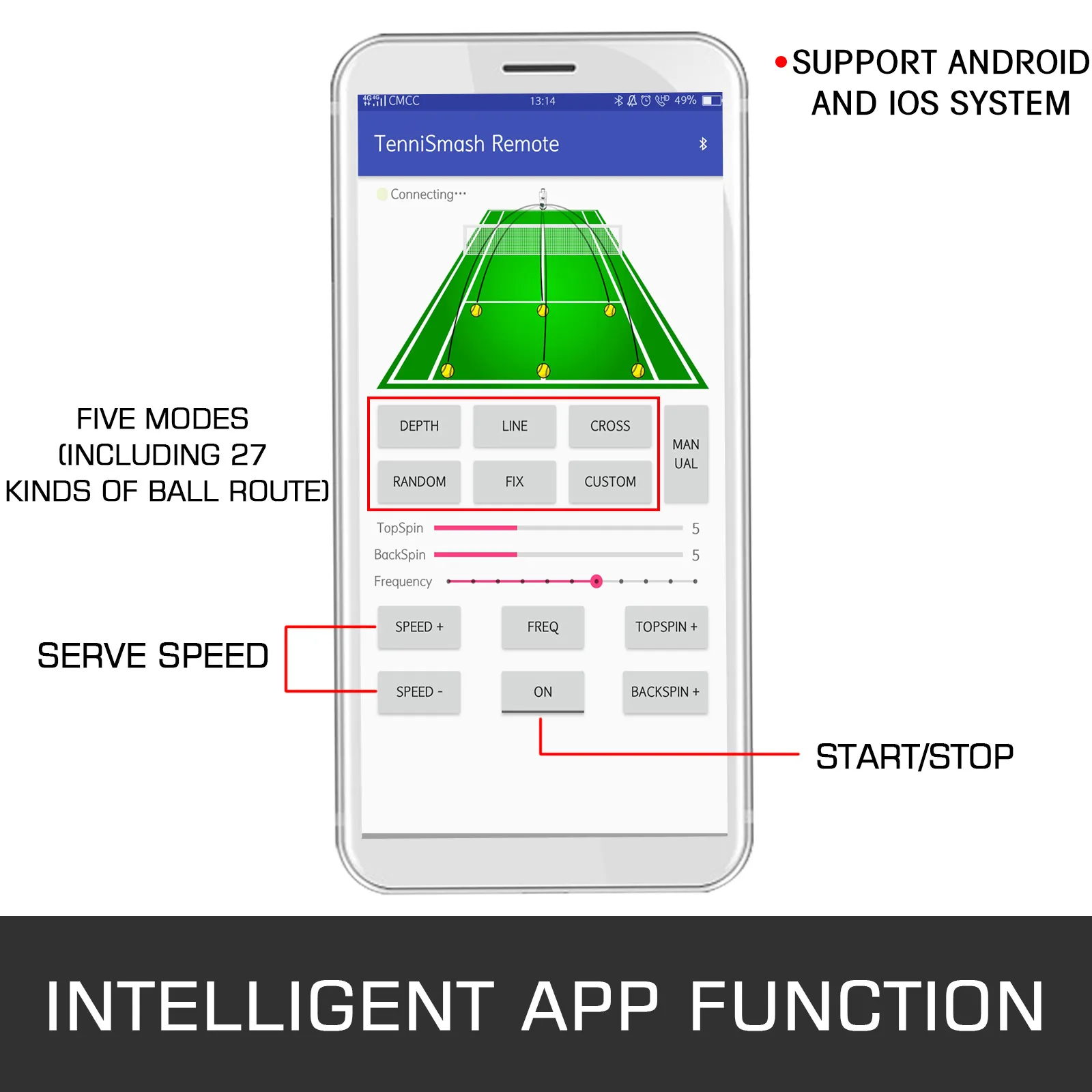 App für die tragbare Tennisballmaschine von VEVOR mit fünf Modi und Reglern für die Aufschlaggeschwindigkeit.