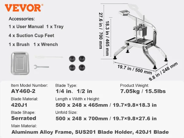 VEVOR tomato slicer with serrated 420j1 blade, aluminum frame, 7.05kg, 19.7"x9.8"x18.3" folded.