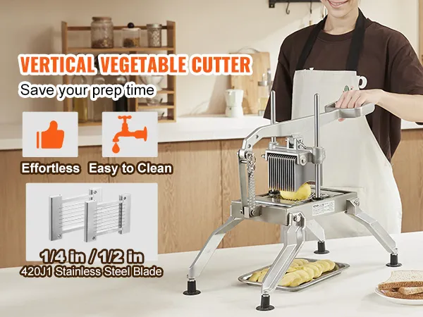 VEVOR tomato slicer demonstrated in a kitchen, highlighting its ease of use and stainless steel blade.