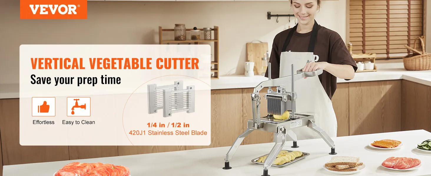 VEVOR tomato slicer demonstrated in a kitchen, highlighting its ease of use and stainless steel blade.