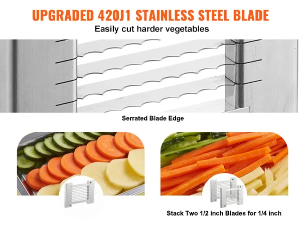 upgraded 420j1 stainless steel blade on the VEVOR tomato slicer, cuts harder vegetables easily.