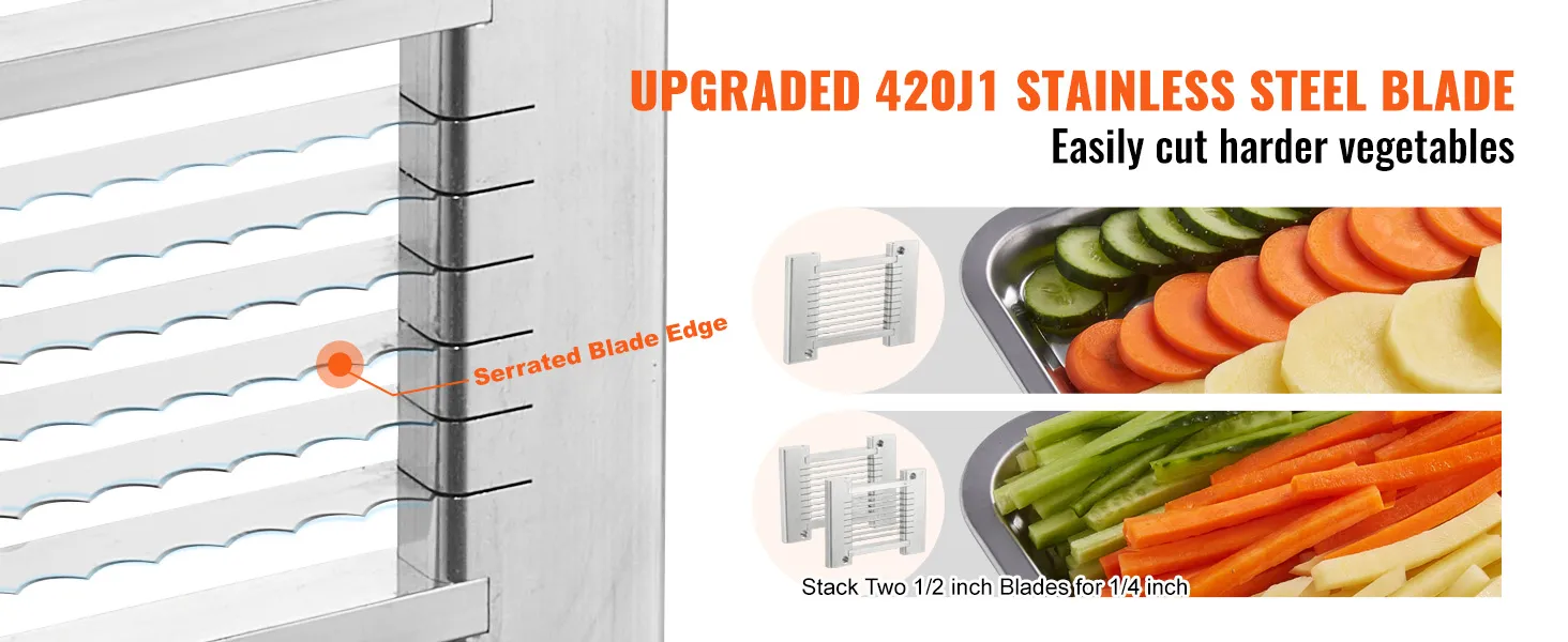 upgraded 420j1 stainless steel blade on the VEVOR tomato slicer, cuts harder vegetables easily.