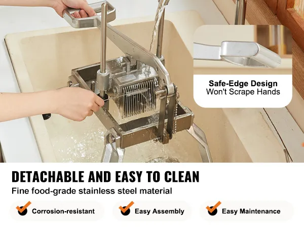 detachable VEVOR tomato slicer being washed, showcasing stainless steel material and safe-edge design.