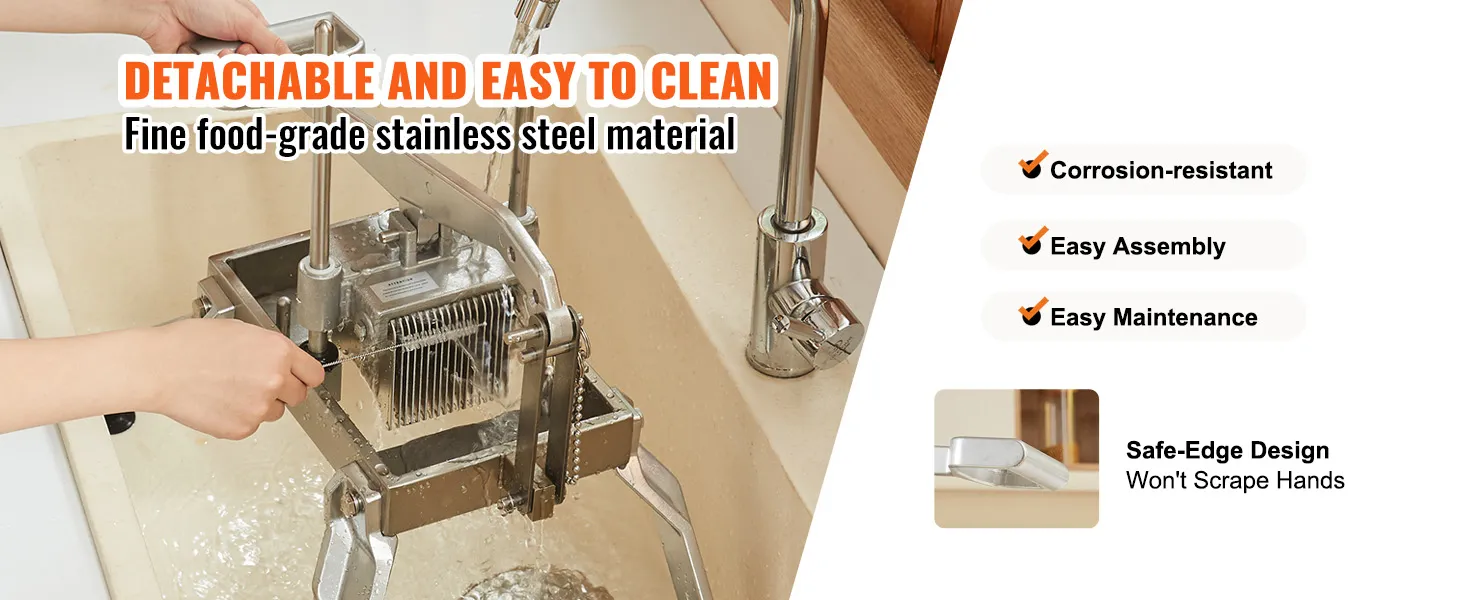 detachable VEVOR tomato slicer being washed, showcasing stainless steel material and safe-edge design.