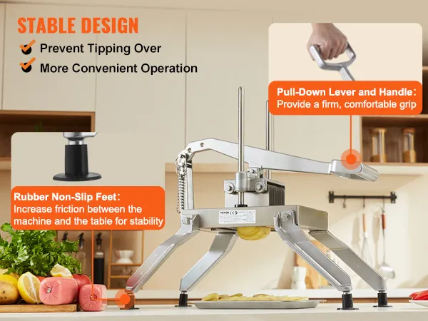 VEVOR tomato slicer with rubber non-slip feet and pull-down lever for stability and convenient operation.
